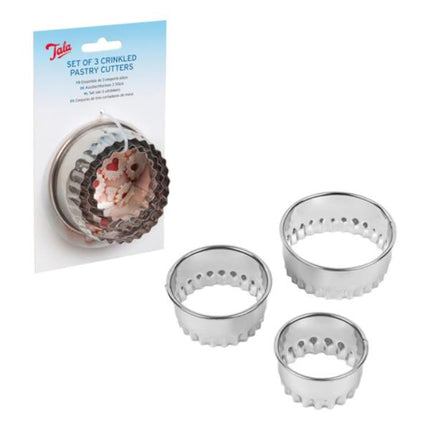 Set of three crinkled pastry cutters with packaging on a white background