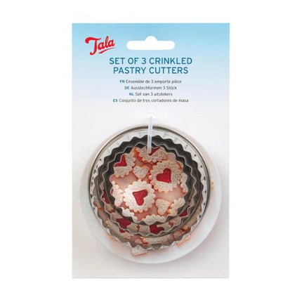 Tala brand set of three crinkled pastry cutters in a hanging blister pack, featuring star, heart, and floral shapes in silver, white, and red.