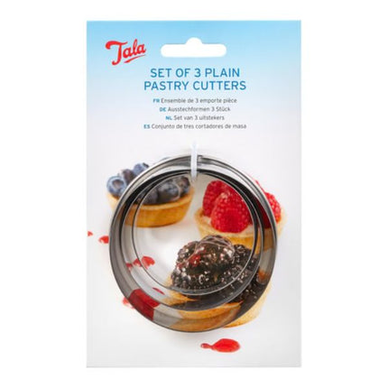 Set of 3 plain pastry cutters in Tala packaging with pastries and berries on a white background.