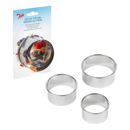 A set of three metal pastry cutters displayed next to their retail packaging card on a plain white background.