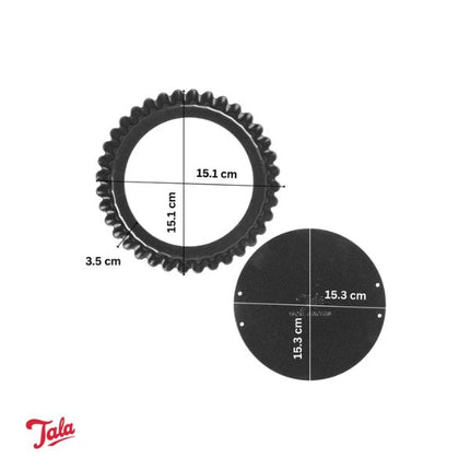 Two black gears with measurements on a white background, featuring the Tala brand logo.