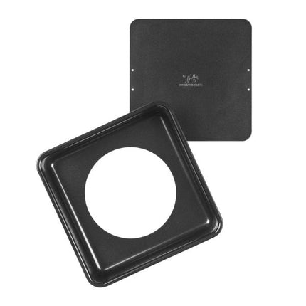Black square cookie sheet with circular cutout on a white background
