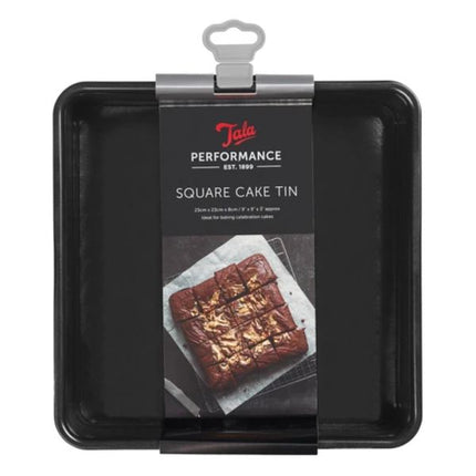 Black square cake tin with Tala Performance packaging featuring brownies.