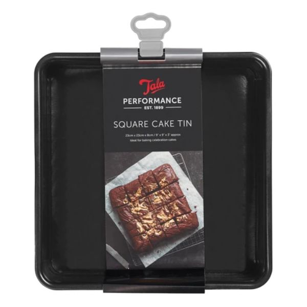 Black square cake tin with Tala Performance packaging featuring brownies.