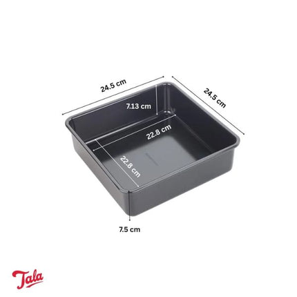 Black rectangular baking pan with dimension labels showing 24.5 cm by 22.