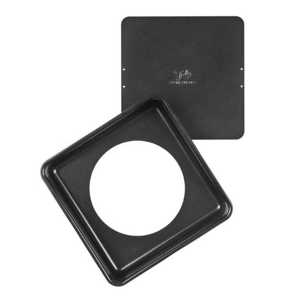 Two black square metal filter plates with rounded corners, one shown from the side with a circular cutout and the other from the top showing the brand logo 'Tala'.