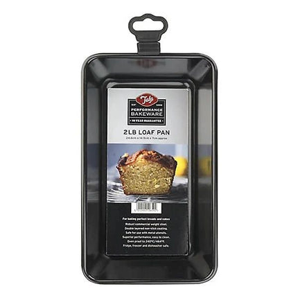 A black 2lb loaf pan by Tala, shown in its retail packaging with a hanger tab and a front label featuring a loaf of bread and the Tala brand logo.