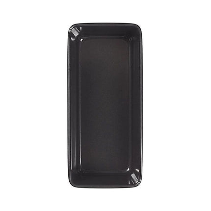 A rectangular black loaf tin with raised rimmed edges, shown from a top-down view on a plain white background.