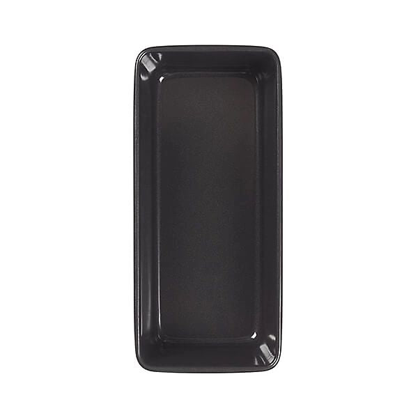 A rectangular black loaf tin with raised rimmed edges, shown from a top-down view on a plain white background.