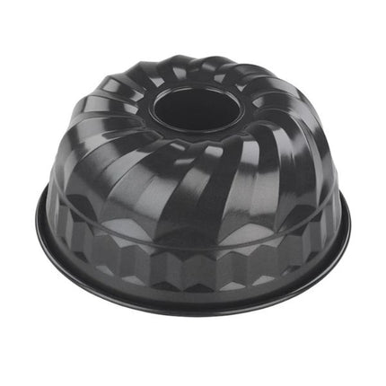 A black fluted bundt cake pan with a center hole, shown from a top-down angle on a plain white background.