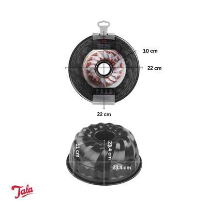 Black fluted bundt cake pan shown from top and side views with dimension labels (10 cm, 22 cm, 23.4 cm, 11 cm) on a white background.