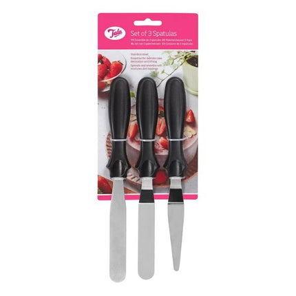 Front view of a packaged Tala set of three stainless steel decorating spatulas with black handles and varied blade shapes