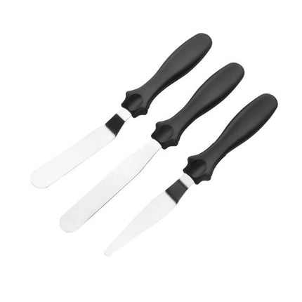Tala set of three stainless steel decorating spatulas with black handles and assorted rounded and pointed blades