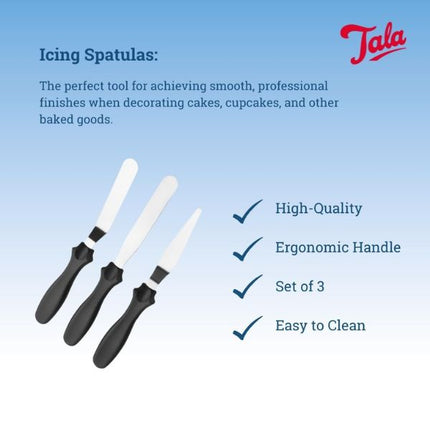 Tala set of three icing spatulas infographic highlighting high quality, ergonomic handles, easy cleaning and smooth cake-decorating finishes