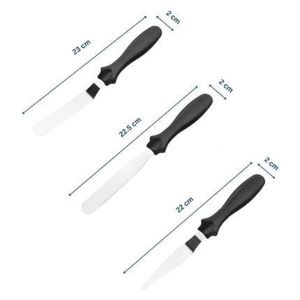 Dimension guide for the Tala three-spatula set showing lengths of 23 cm, 22.5 cm and 22 cm, each 2 cm wide