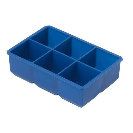 Angled view of a blue Tala silicone ice cube tray with six large square compartments on a white background