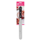 Front view of a packaged Tala stainless steel spreader spatula with a long rounded blade, measurement markings and black riveted handle