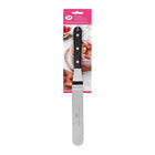Front view of a packaged Tala angled stainless steel spreader spatula with a black riveted handle and measurement markings
