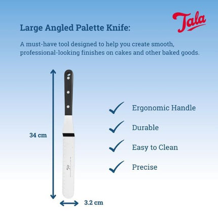 Tala large angled palette knife infographic showing its 34 cm length, 3.2 cm width, ergonomic handle and durable, easy-clean design