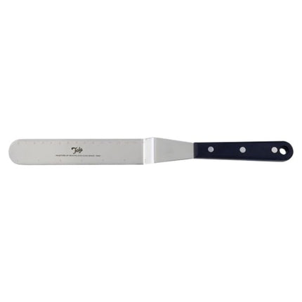 Tala angled stainless steel spreader spatula with a long rounded blade, measurement markings and black riveted handle