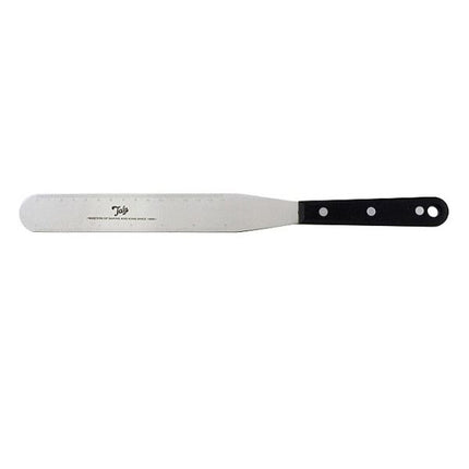 Tala stainless steel spreader spatula with a long rounded blade and black triple-riveted handle