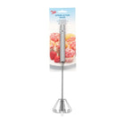 A packaged spring action whisk attachment for a stand mixer, shown on a white background. The metal whisk has a long silver handle with a spring-loaded tip and three wire loops at the bottom.