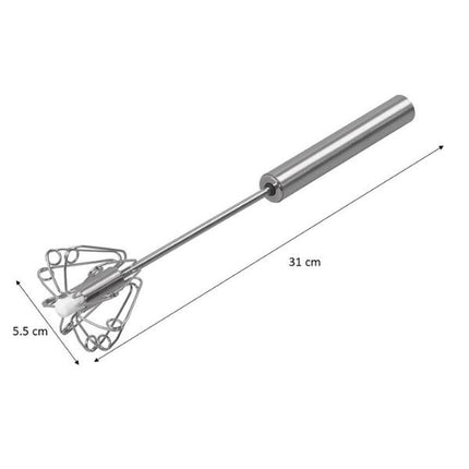 A stainless steel whisk with a long cylindrical handle and wire mixing head, shown on a white background with dimension labels indicating 31 cm length and 5.5 cm whisk width.