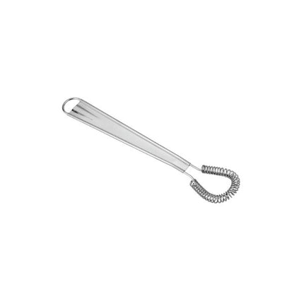 A stainless steel mini whisk with a long, polished handle and a coiled wire end, shown on a plain white background.