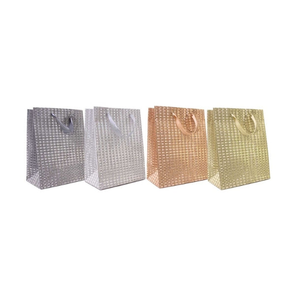 Four Tallon glitter gift bags with ribbon handles in dark silver, light silver, rose gold and gold.