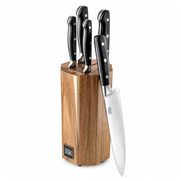 Taylor's Eye Witness Kesweick Five Piece Octagonal Acacia Wood Knife Block Set at Napev GH