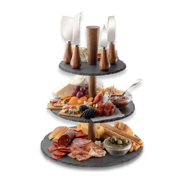Taylor's Eye Witness Slate Étagère & Four Piece Acacia Wood Cheese Knife Set at Napev GH