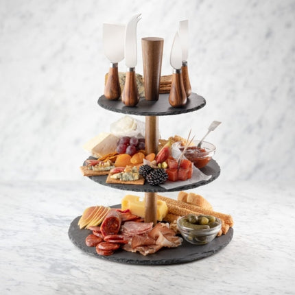 Taylor's Eye Witness Slate Étagère & Four Piece Acacia Wood Cheese Knife Set at Napev GH