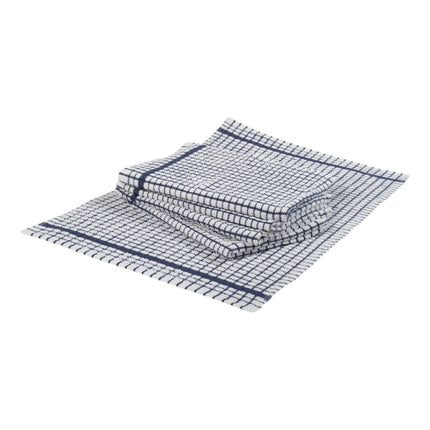 Navy blue and white checked terry tea towels, with four folded and one laid flat.