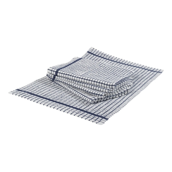 Navy blue and white checked terry tea towels, with four folded and one laid flat.