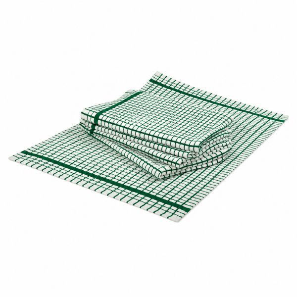 Stack of white terry tea towels featuring a green checkered pattern and striped borders, neatly folded on a matching kitchen towel against a white background.