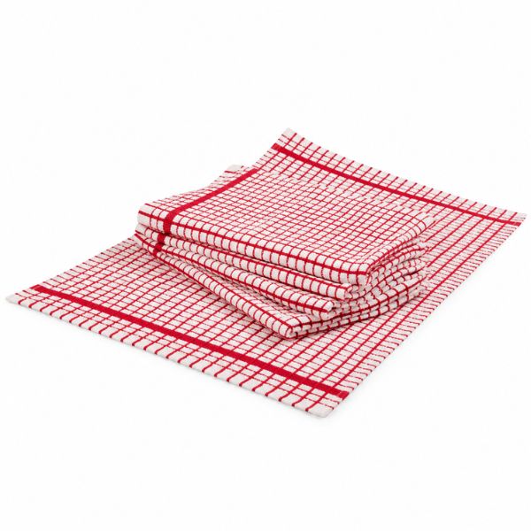Stack of white terry tea towels featuring a red checkered pattern and striped borders, neatly folded on a matching kitchen towel against a white background.
