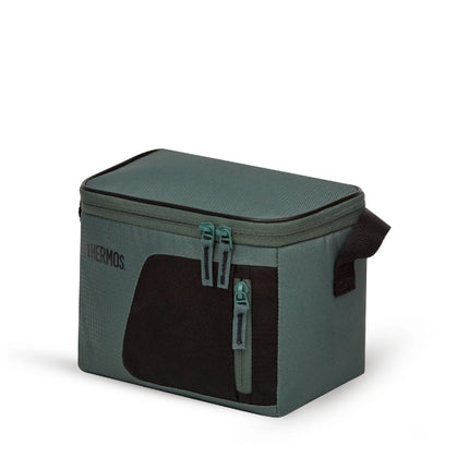 Thermos Radiance 4.5L green cooler bag shown at an angle, featuring a black front panel and side strap attachment.