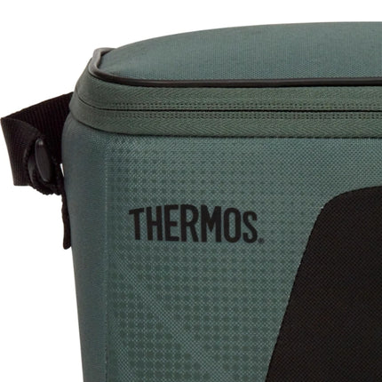 Close-up of the Thermos logo on the textured green front of the Radiance 4.5L insulated cooler bag.