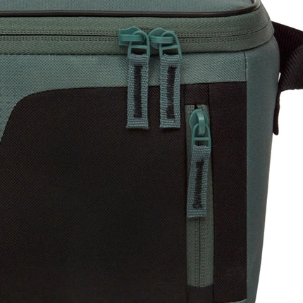 Close-up of the Thermos Radiance 4.5L green cooler bag’s double-zip lid and vertical front pocket zipper