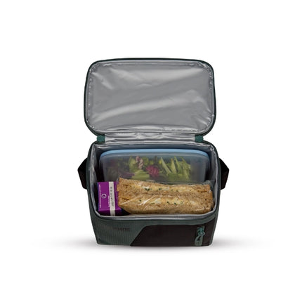 Open Thermos Radiance 4.5L green insulated cooler bag packed with a salad container, baguette sandwich and drink carton.