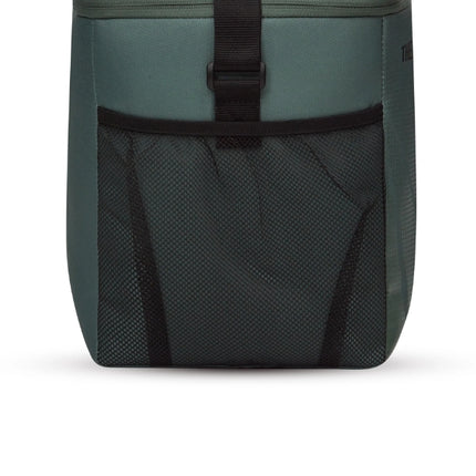 Side view of the Thermos Radiance 17L green family cool bag showing its large black mesh storage pocket and adjustable strap.