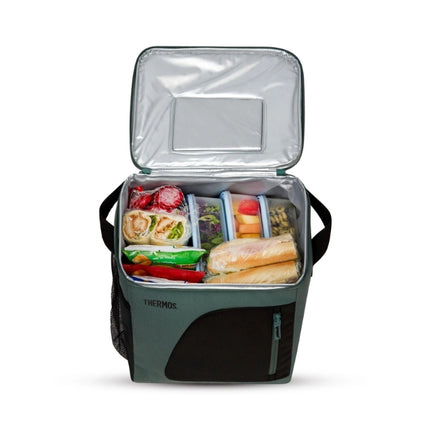 Open Thermos Radiance 17L green insulated family cool bag packed with wraps, baguettes, salad, fruit and assorted snacks.