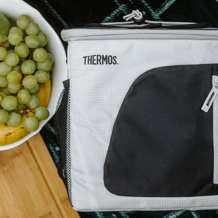 Light beige-and-black Thermos 17L family cool bag at a picnic beside a bowl of green grapes and bananas.