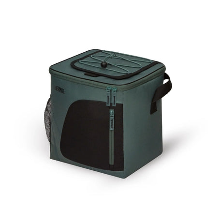Thermos Radiance 17L green family cool bag shown at an angle with a zippered lid and elastic top storage cords.