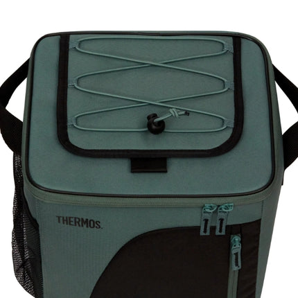 Close-up of the Thermos Radiance 17L green cool bag’s lid with adjustable elastic storage cords and toggle fastening.