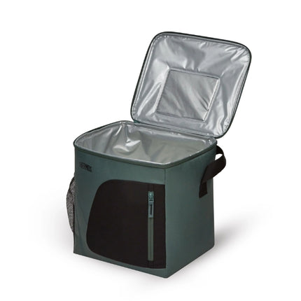Open Thermos Radiance 17L green family cool bag showing its spacious silver insulated lining and black carry handles.