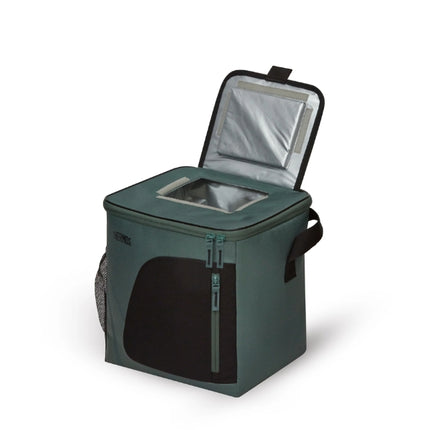 Thermos Radiance 17L green cool bag with its insulated quick-access top flap open above the main compartment.