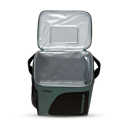 Front view of the open Thermos Radiance 17L green family cool bag showing its deep silver thermal lining.