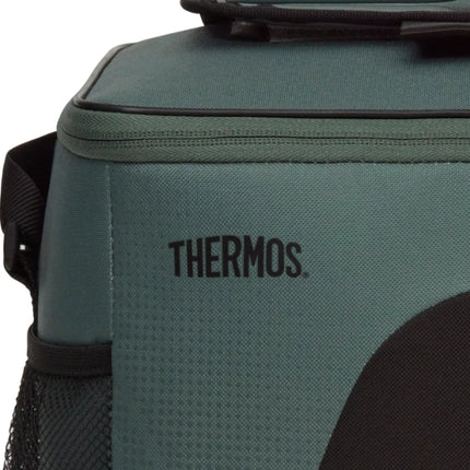 Close-up of the Thermos logo on the textured green front of the Radiance 17L family cool bag beside its mesh pocket.