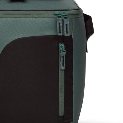 Close-up of the Thermos Radiance 17L green cool bag’s double-zip lid and vertical front pocket zipper.